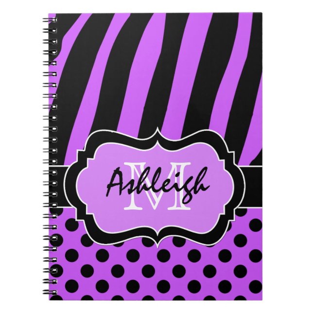 Personalised Purple Black White Striped Polka Dots Notebook (Front)