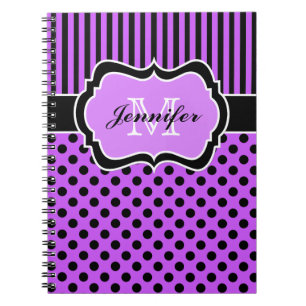 Personalised Purple Black White Striped Polka Dots Notebook