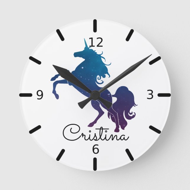 Personalised Purple & Blue Unicorn Round Clock (Front)