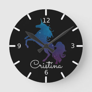 Personalised Purple & Blue Unicorn Round Clock