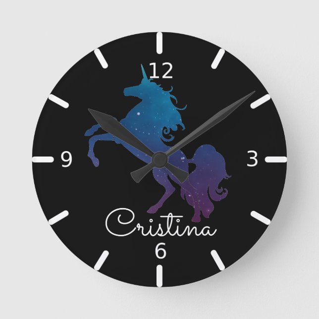 Personalised Purple & Blue Unicorn Round Clock (Front)
