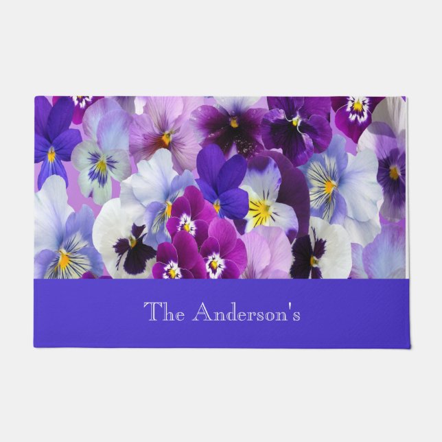 Personalised Purple Blue White Floral Pansy Flower Doormat (Front)