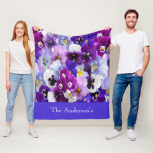 Personalised Purple Blue White Floral Pansy Flower Fleece Blanket
