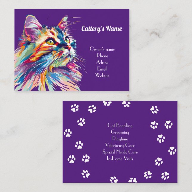 Personalised Purple Business Card For Cattery (Front/Back)