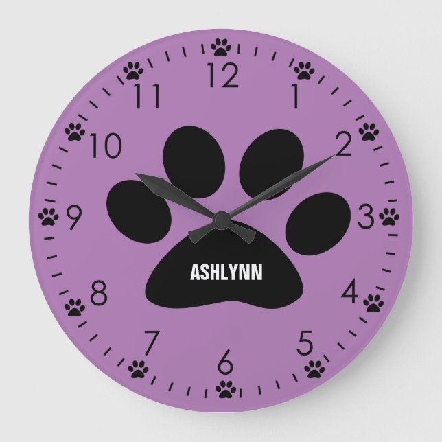 Personalised Purple Dog Paw Large Clock (Front)