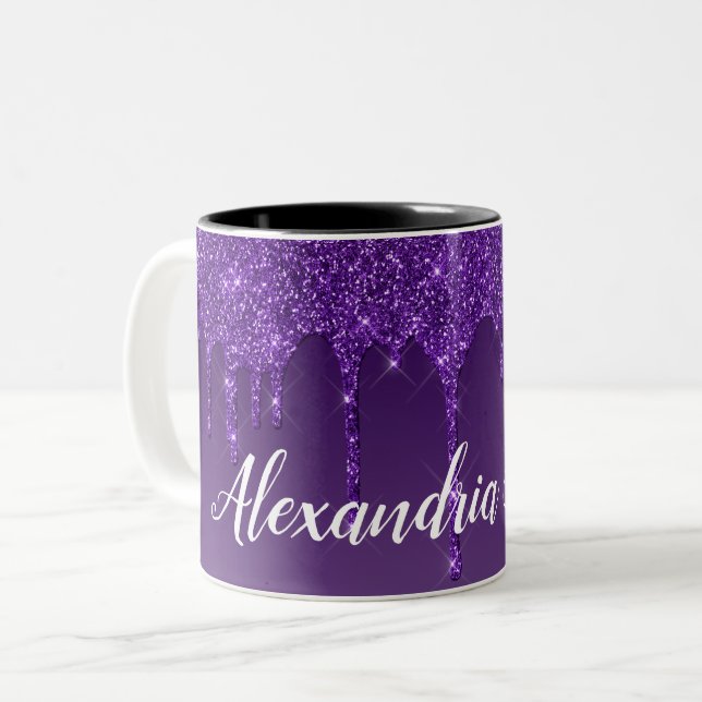 Personalised Purple Dripping Glitter Two-Tone Coffee Mug (Front Left)
