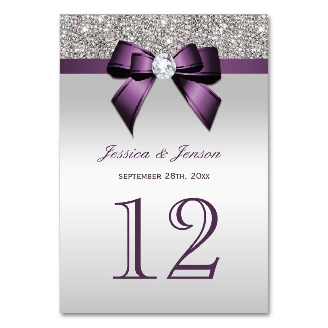 Personalised Purple Faux Bow Silver Sequins Table Number (Front)