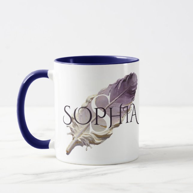Personalised Purple Feather Custom Name Monogram Mug (Left)