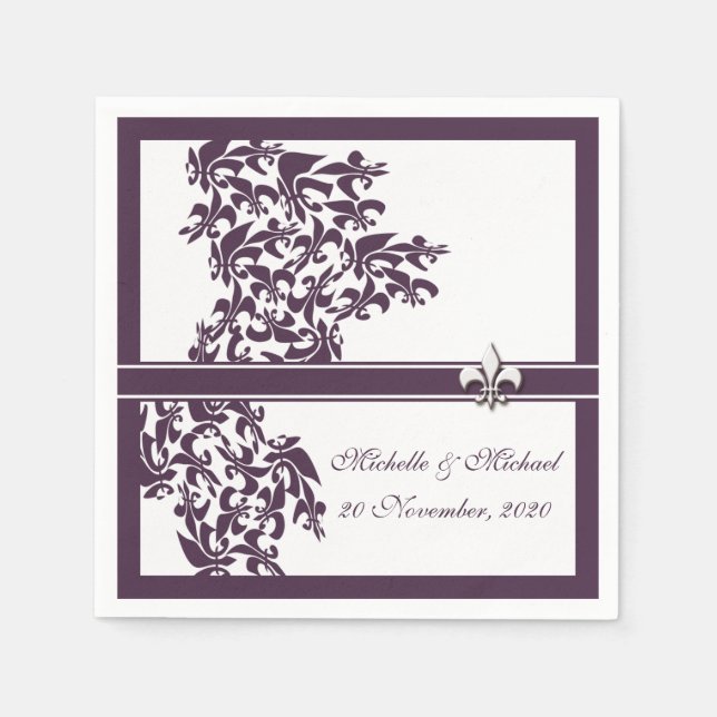 Personalised Purple Fleur de Lis Damask Style Napkin (Front)