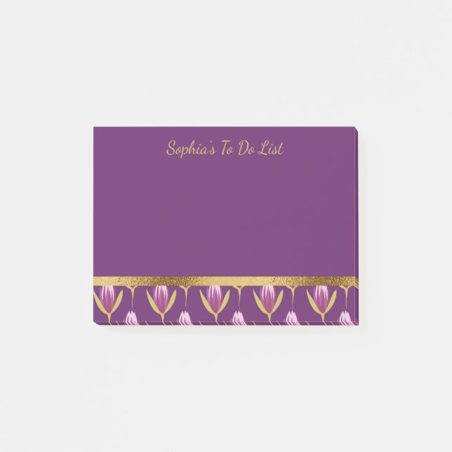 Personalised Purple Floral and Gold Pattern Post-it Notes (Front)