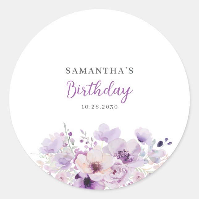 Personalised Purple Floral Birthday  Classic Round Sticker (Front)