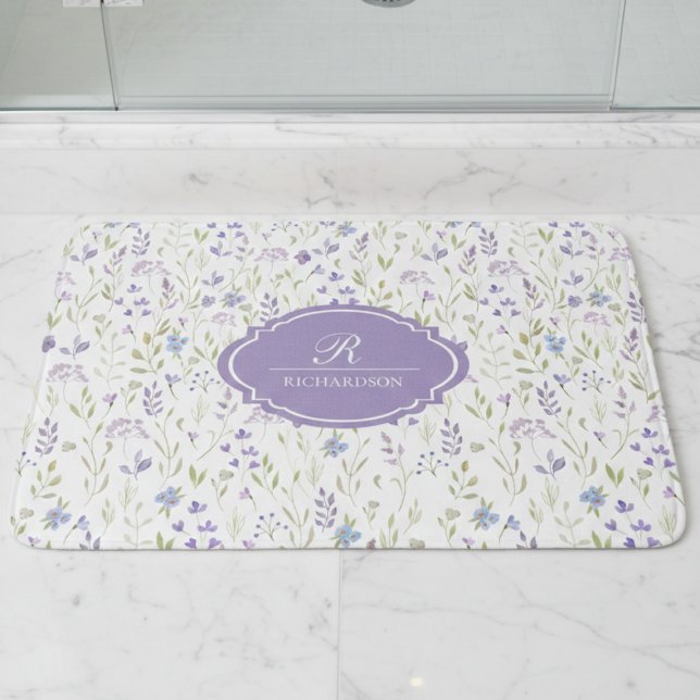 Personalised Purple Floral Monogram Bath Mat (purple blue wildflower floral bathmat with custom monogram initial and family name)