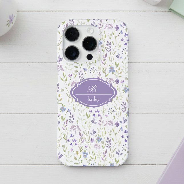 Personalised Purple Floral Monogram iPhone Case (pretty cottagecore lavender purple floral pattern iphone case with monogram in script calligraphy)