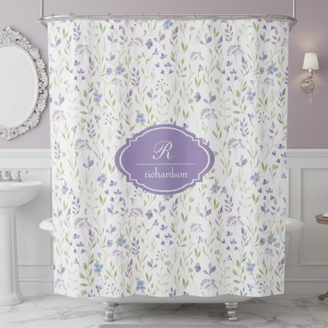 Personalised Purple Floral Monogram Shower Curtain (purple wildflower floral meadow garden shower curtain with custom monogram name and initial)