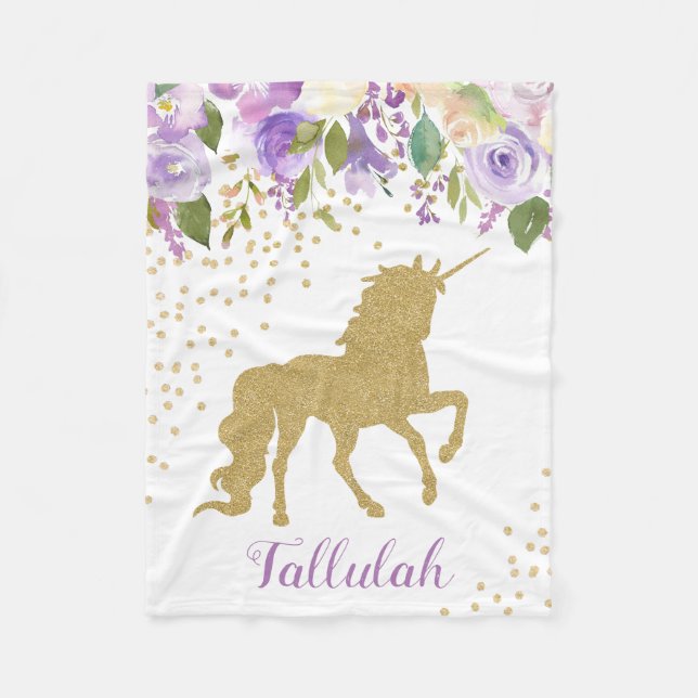 Personalised Purple Floral Unicorn Fleece Blanket (Front)