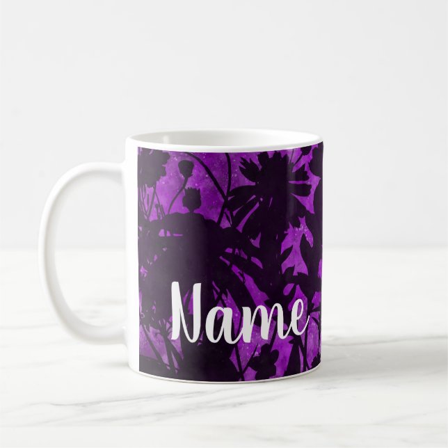 Personalised Purple Flower Design Coffee Mug, Cup (Left)