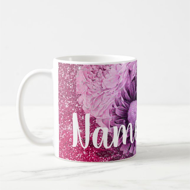 Personalised Purple Flower Design Coffee Mug, Cup (Left)