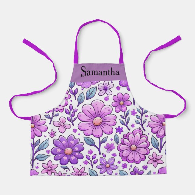 Personalised Purple Flower Pattern and Name Apron (Front)