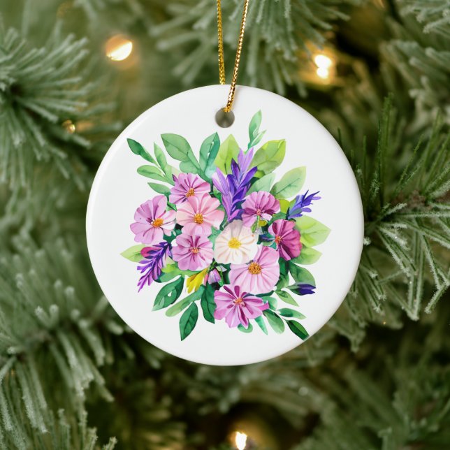 Personalised Purple Flowers Christmas Ceramic Ornament (Tree)