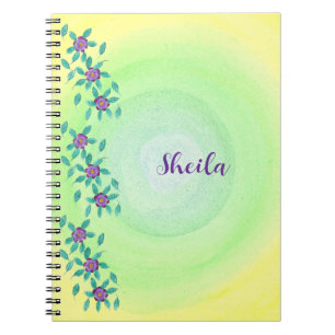 Personalised, Purple Flowers Yellow Green Notebook