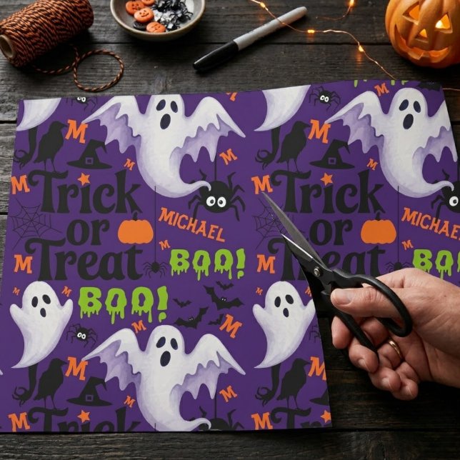 Personalised Purple Ghost  Kids Name Monogram  Wrapping Paper (Creator Uploaded)
