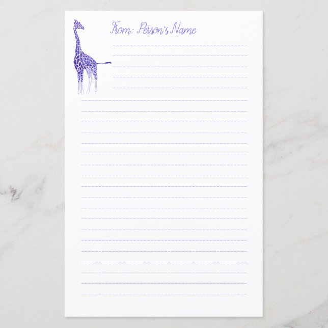 Personalised Purple Giraffe Lined Stationery (Front)