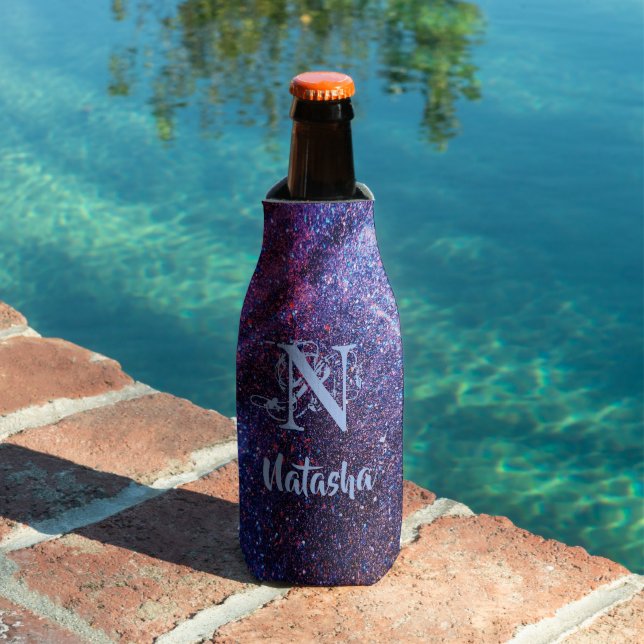 Personalised Purple Glitter  Bottle Cooler (In Situ Pool)