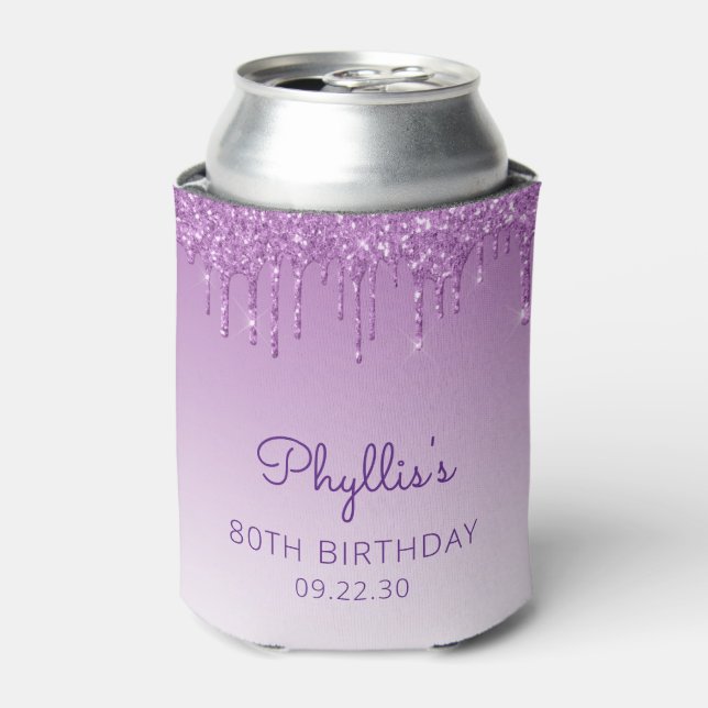 Personalised Purple Glitter Drip 80th Birthday Can Cooler (Can Front)