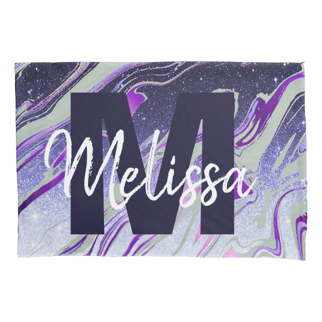Personalised Purple glitter marble Pillowcase (Front)