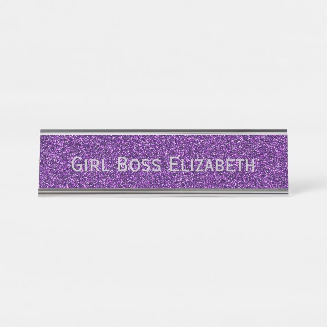 Personalised Purple Glitter Silver Girl Boss Funny Desk Name Plate (Front)