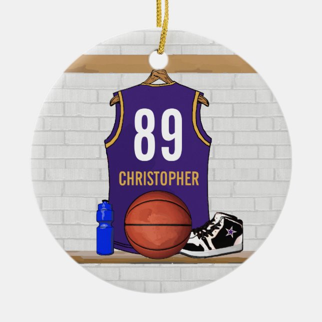 Personalised Purple Gold Basketball Jersey Ceramic Ornament (Front)