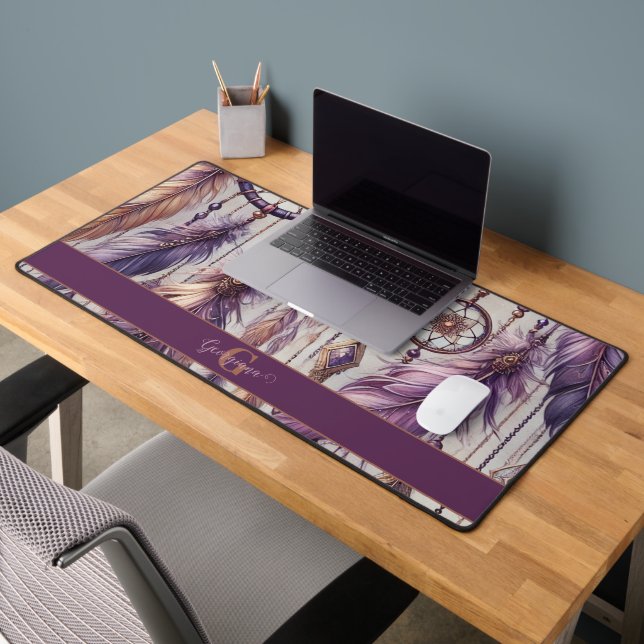Personalised Purple & Gold Boho Dreamcatchers Desk Mat (Office 2)