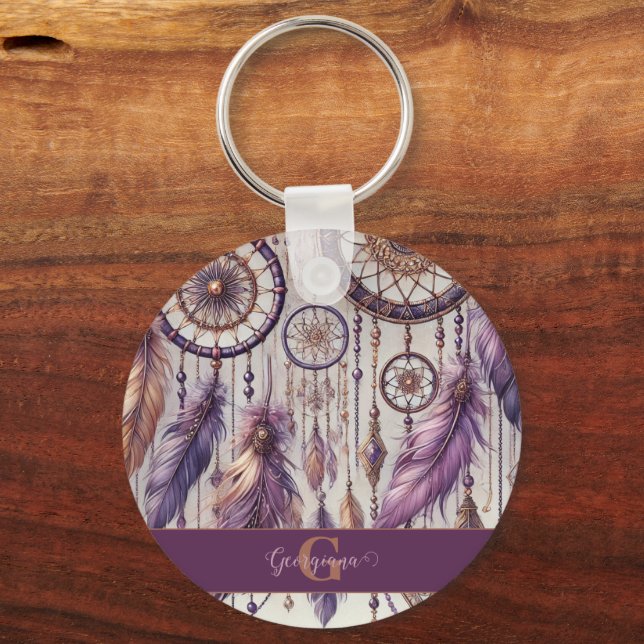 Personalised Purple & Gold Boho Dreamcatchers Key Ring (Front)