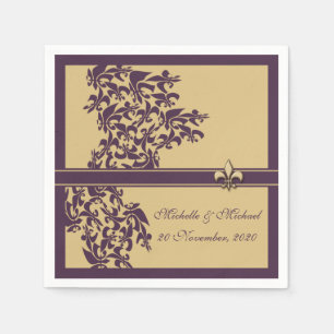 Personalised Purple Gold Fleur de Lis Damask Style Napkin