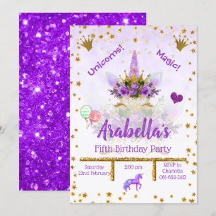 Personalised Purple, Gold Stars Unicorn Birthday Invitation