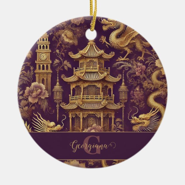 Personalised Purple & Gold Victorian Chinoiserie Ceramic Ornament (Front)