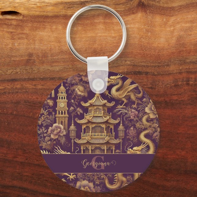 Personalised Purple & Gold Victorian Chinoiserie Key Ring (Back)