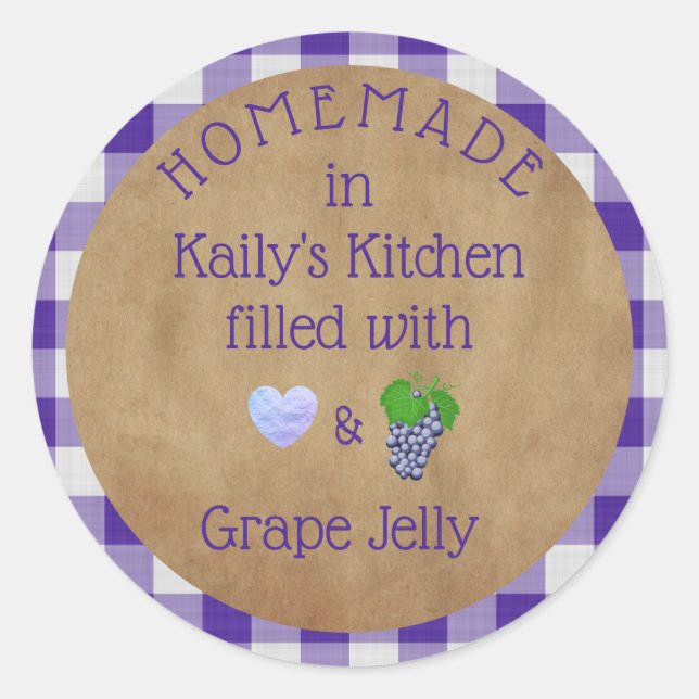 Personalised Purple Grape Jelly Jam Gingham  Classic Round Sticker (Front)
