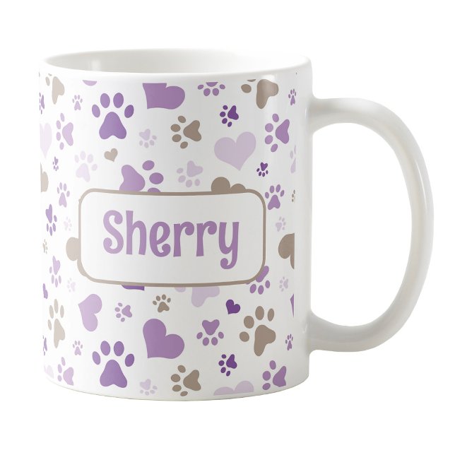 Personalised Purple Hearts Paw Prints Mug (Personalized Purple Hearts Paw Prints Mug at Amy's Coffee Mugs on Zazzle. )