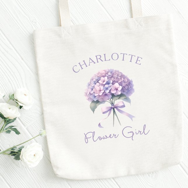 Personalised Purple Hydrangea Bow Flower Girl Tote Bag (Celebrate your flower girl with this personalized hydrangea tote—sweet and elegant.)