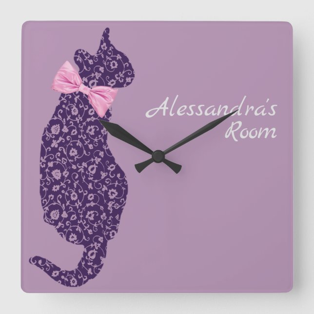 Personalised Purple Lace Cat Silhouette  Lavender Square Wall Clock (Front)