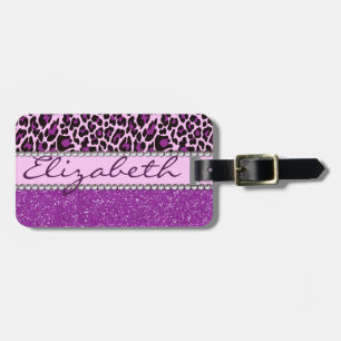 Personalised Purple Leopard and Glitter Luggage Tag