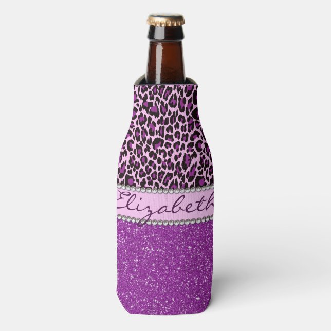Personalised Purple Leopard Print Glitter Bottle Cooler (Bottle Front)