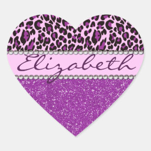 Personalised Purple Leopard Print Glitter Heart Sticker