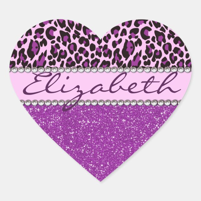Personalised Purple Leopard Print Glitter Heart Sticker (Front)