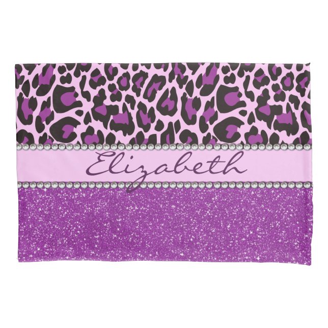 Personalised Purple Leopard Print Glitter Pillowcase (Front)
