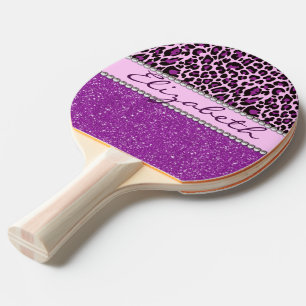Personalised Purple Leopard Print Glitter Ping Pong Paddle