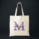 Personalised purple monogram wedding tote bag<br><div class="desc">Personalised deep purple monogram wedding tote bag for bride's crew. Elegant plum colour logo design with monogrammed letter initial and stylish script calligraphy typography. Cute vintage gift idea for bride to be and brides entourage. Make one for bridesmaids, maid of honour, matron of honour, mother of the bride, mother of...</div>