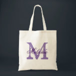 Personalised purple monogram wedding tote bag<br><div class="desc">Personalised deep purple monogram wedding tote bag for bride's crew. Elegant plum colour logo design with monogrammed letter initial and stylish script calligraphy typography. Cute vintage gift idea for bride to be and brides entourage. Make one for bridesmaids, maid of honour, matron of honour, mother of the bride, mother of...</div>