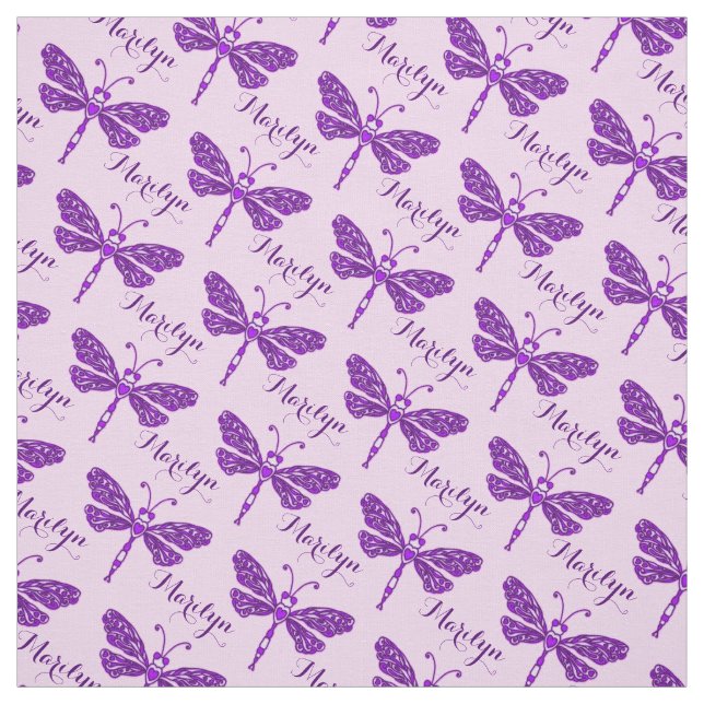 Personalised purple name dragonfly inked pattern fabric (Swatch)